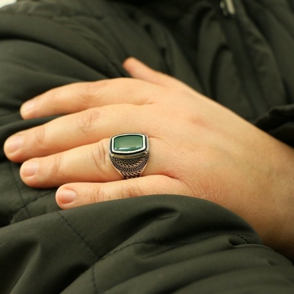 925 Sterling Silver Green Agate Stone Men's rings - Picture 3 of 8